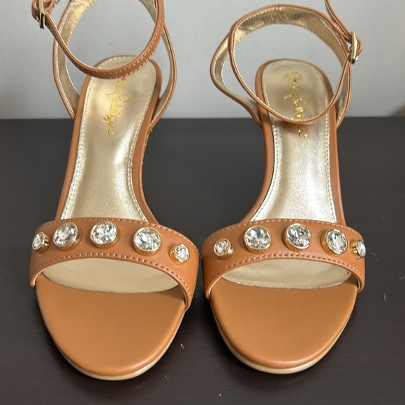 Lilly Pulitzer Natasha Wedge Shoe Leather Auburn Tan Crystal Embellished 7 NEW - Picture 8 of 15